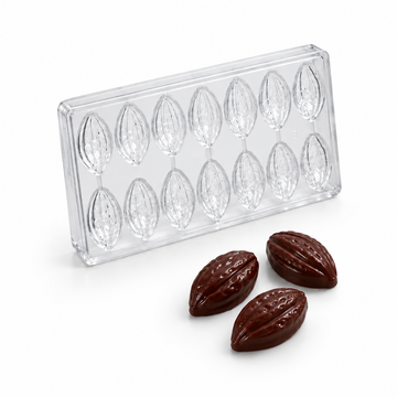 12g cacao pod polycarbonate chocolate mold with 14 cavities and finished cacao pod chocolates