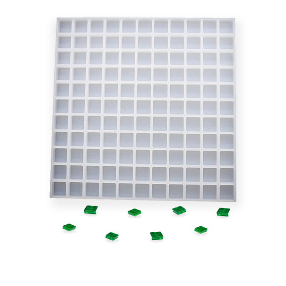 13.5mL Square Gummy Mold - 121 Cavities with translucent emerald green square gummies