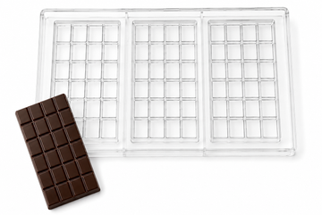70g 24-piece polycarbonate chocolate bar mold with 3 vertical bar cavities and finished 4 by 6 segmented chocolate bar