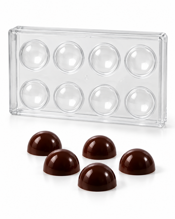 74g large dome polycarbonate chocolate mold with 8 cavities and finished dome chocolates