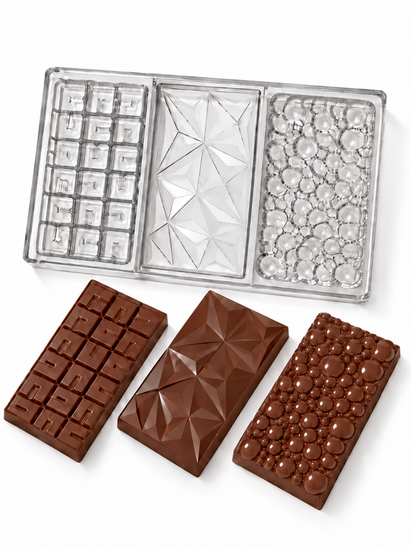 80g textured polycarbonate chocolate bar mold with three unique bar designs: stone block, faceted geometric and bubble